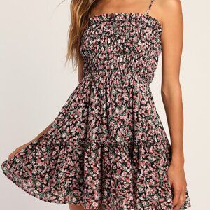 Lulus Petal Perfection Black Floral Print Smocked Tiered Mini Dress - Size XL